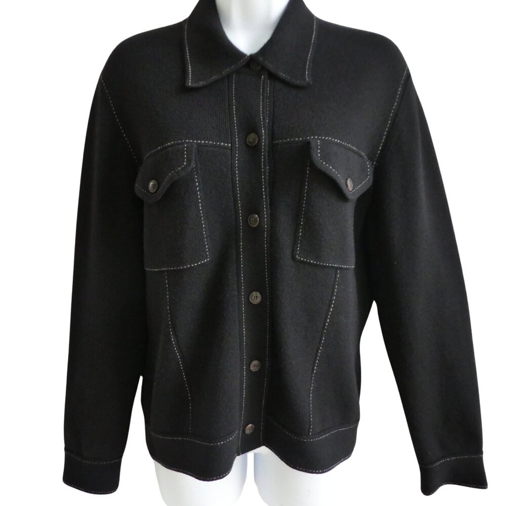 CaSHMeRe Neiman Marcus Black Shacket Cardigan White Top Stitch Flapped Pockets M - Picture 2 of 8